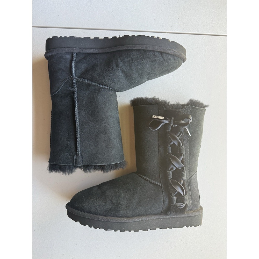 UGG Pala Black Suede Shearling Satin Ribbon Lace Up Boots Women's Size 8